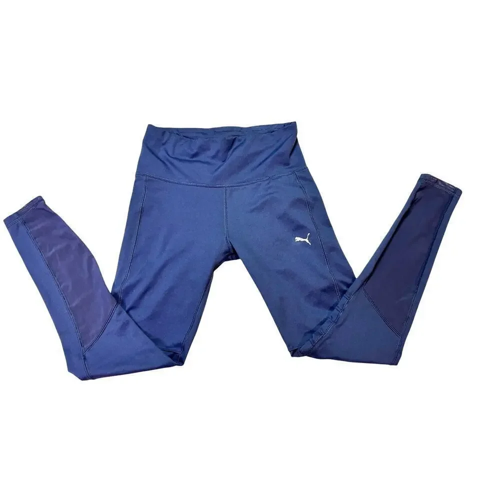 Dusty Blue Puma Mid Rise Pleated & Mesh Women's Medium Leggings, Yoga, Gym